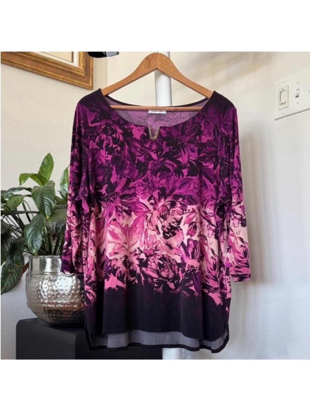 Calvin Klein Plus Stretchy Top/Blouse/Shirt Sz 1X Purple Floral